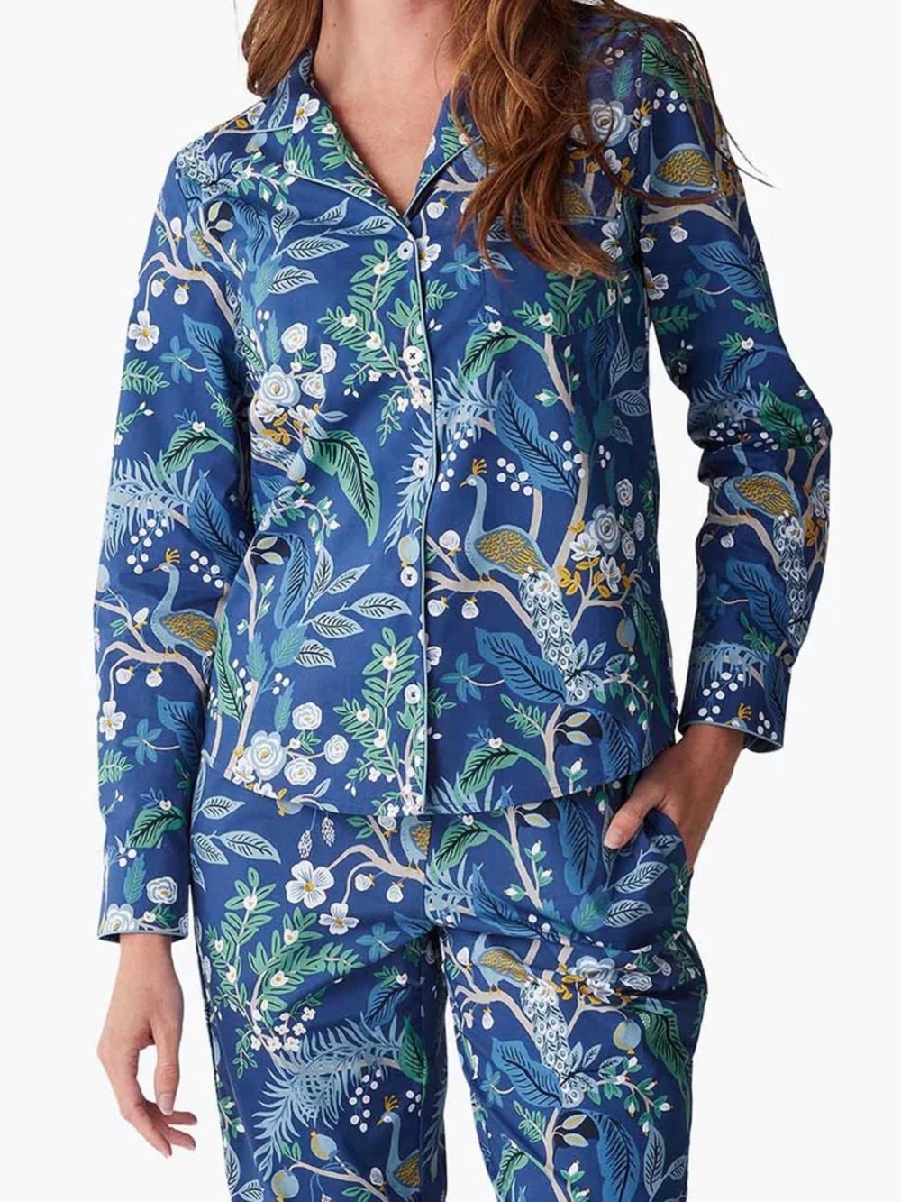 Rifle Paper Co Poplin Button Front Long Top in Peacock